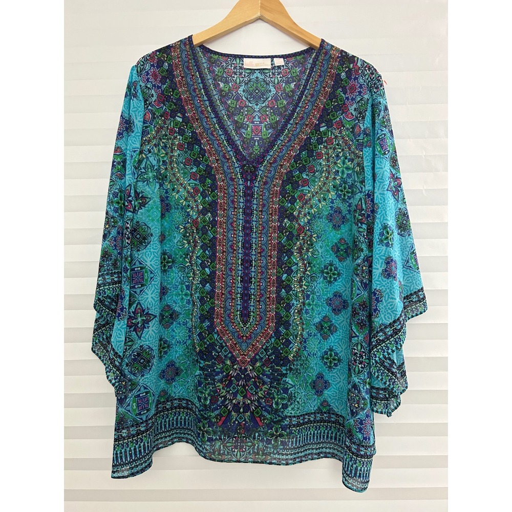 Belle by Kim Gravel Turquoise Medallion Print Kaftan V-Neck Boho Blouse 2X